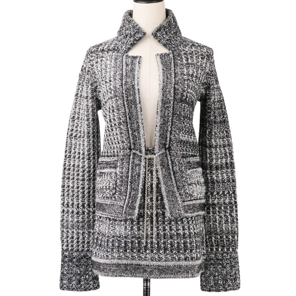 CHANEL Chain Bijou Cashmere Knit Jacket & Skirt Setup Size 36 Grey P42