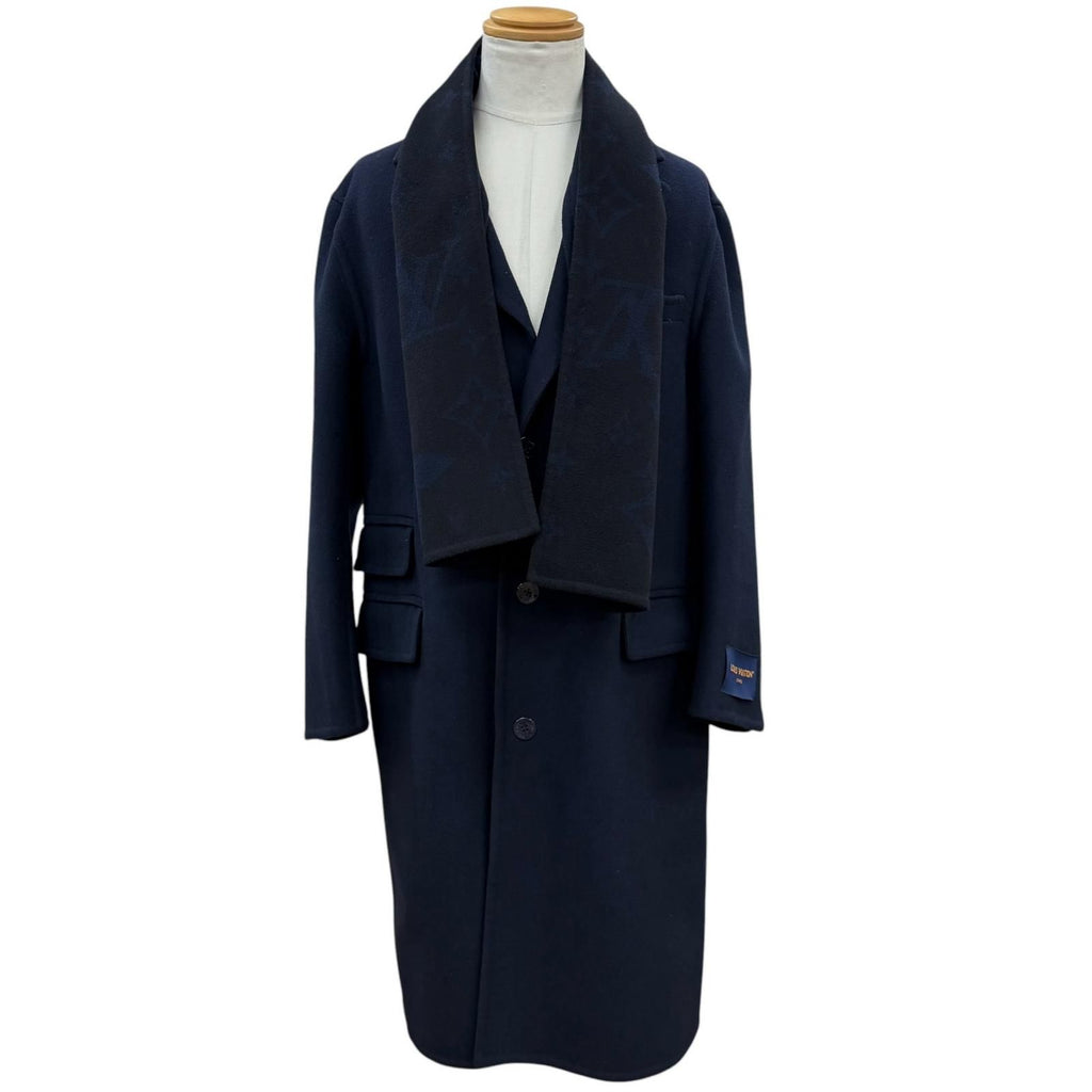 LOUIS VUITTON 24SS Monogram Giant Hooded Muffler Wool Silk Chester Coat Navy Size 46