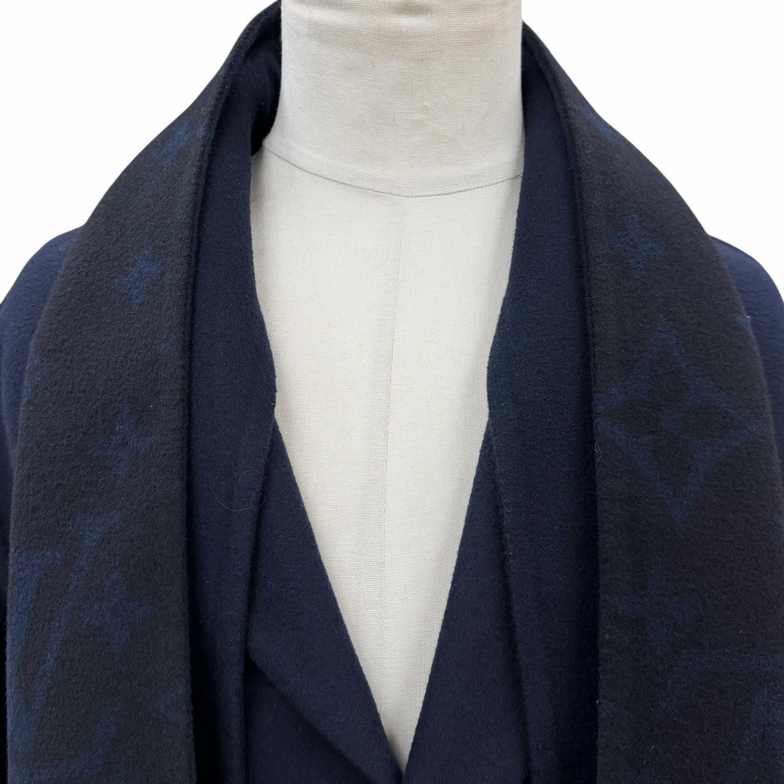 LOUIS VUITTON 24SS Monogram Giant Hooded Muffler Wool Silk Chester Coat Navy Size 46