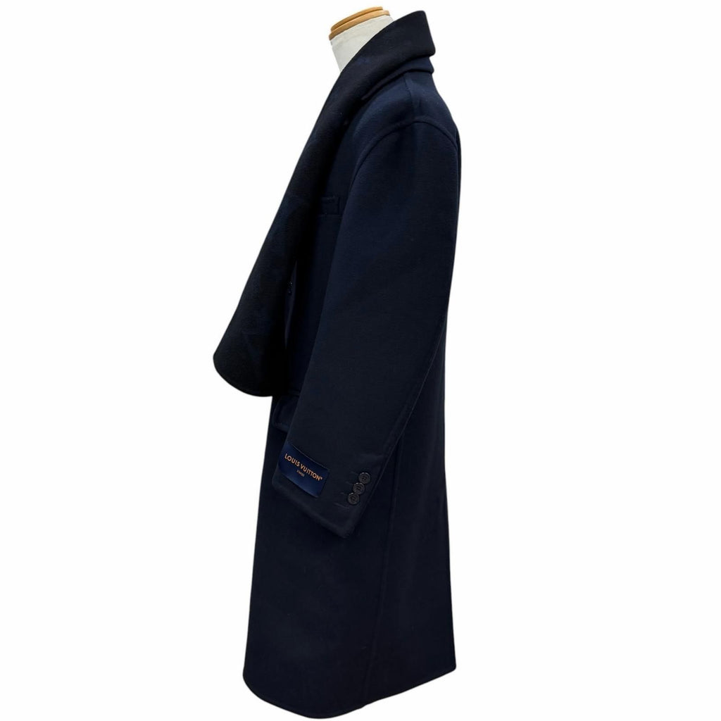LOUIS VUITTON 24SS Monogram Giant Hooded Muffler Wool Silk Chester Coat Navy Size 46