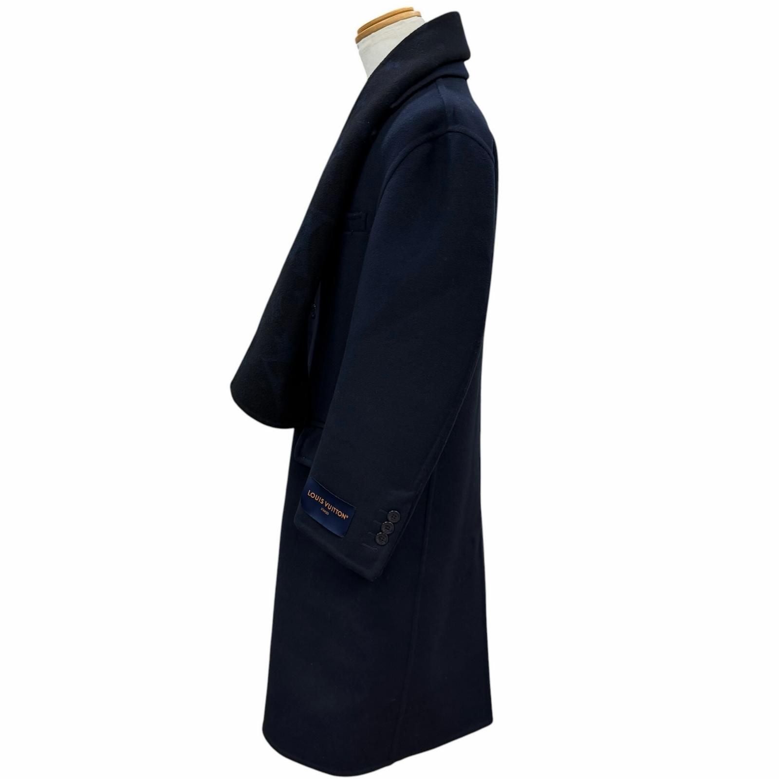 LOUIS VUITTON 24SS Monogram Giant Hooded Muffler Wool Silk Chester Coat Navy Size 46