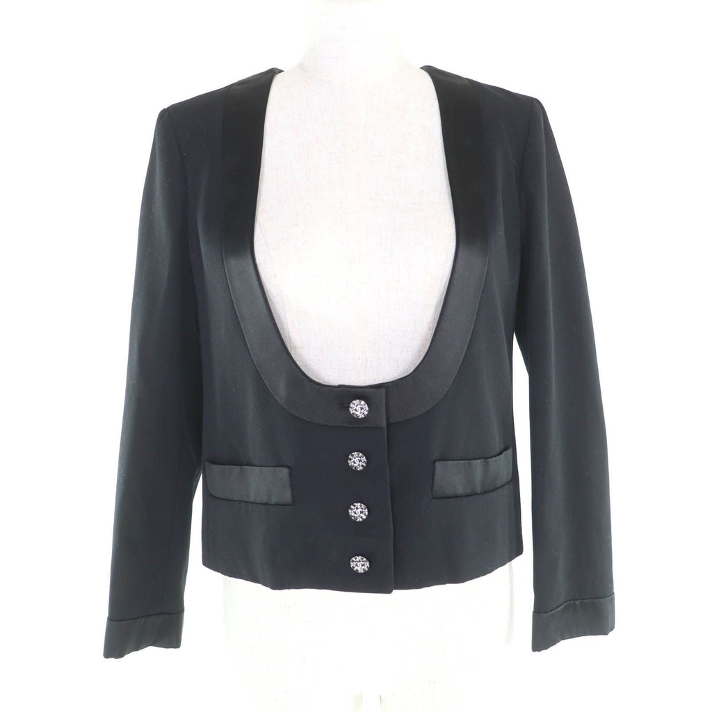 CHANEL P73138V11502 Rhinestone Coco Button Collarless Wool Jacket Silk Lining Size 36 Black Made in France