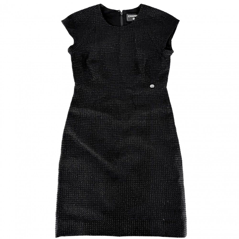 CHANEL Tweed Sleeveless CC Button Dress Black Size 36