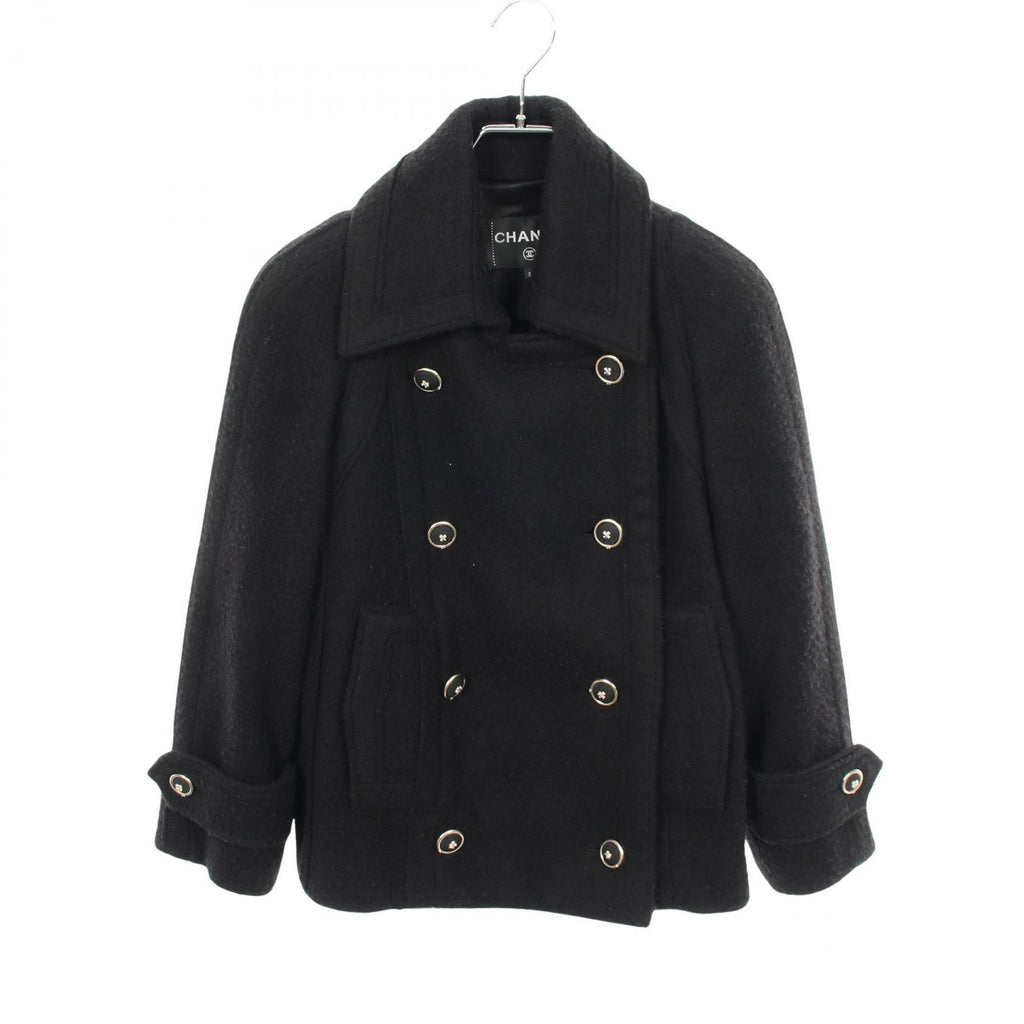 CHANEL CC Logo Button Wool Cashmere Pea Coat Black Size 34