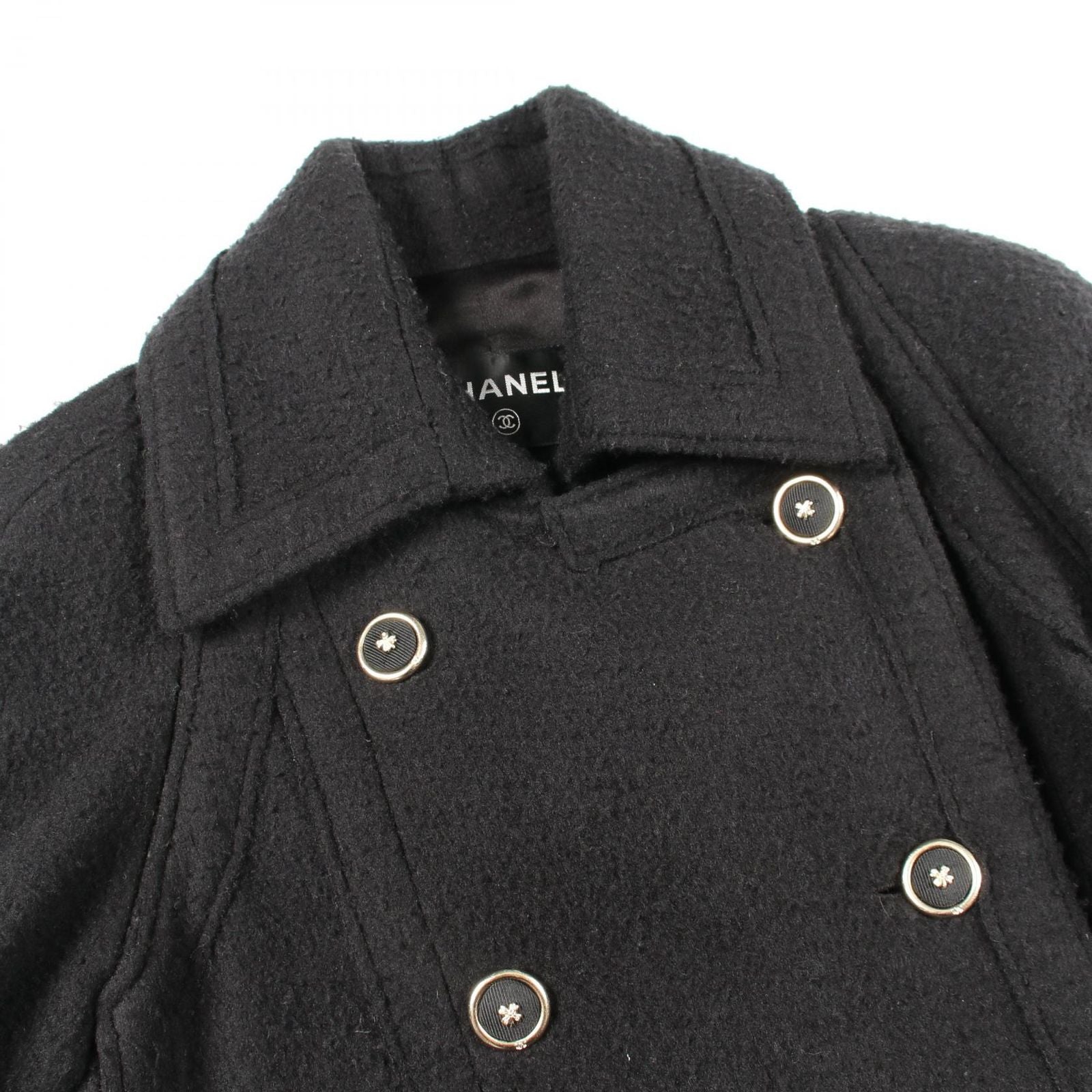 CHANEL CC Logo Button Wool Cashmere Pea Coat Black Size 34
