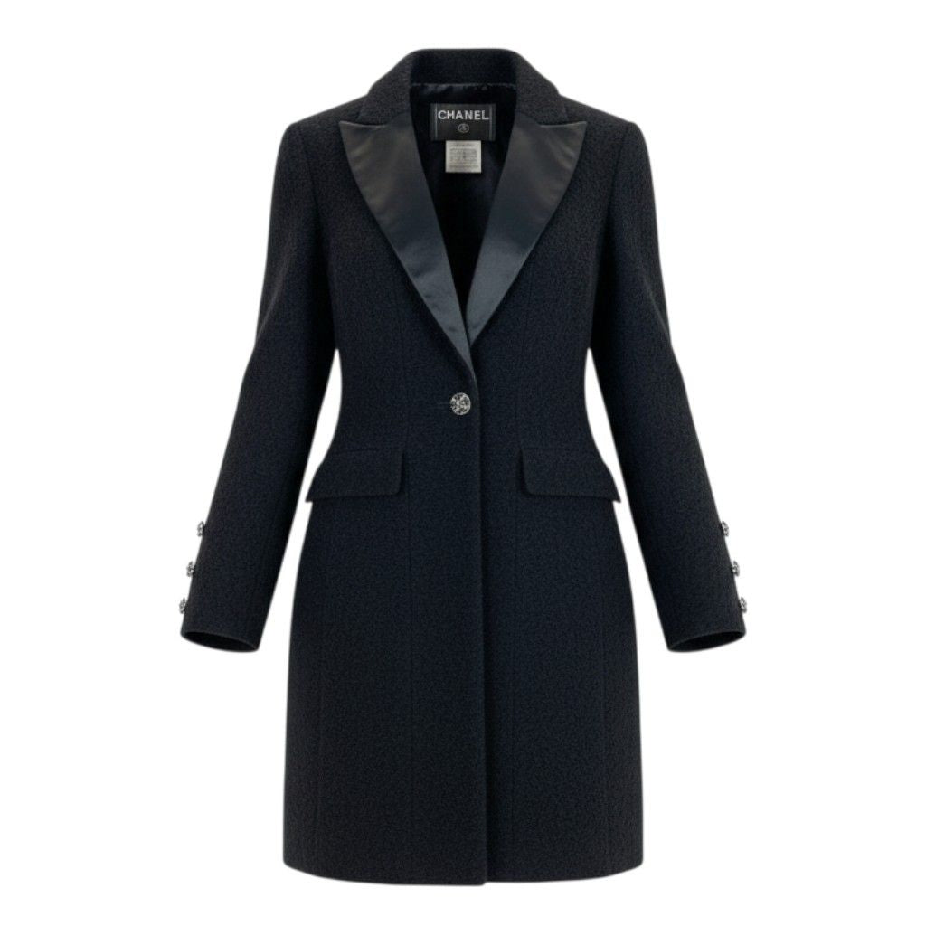 CHANEL 2006 Gripoix Button Waist-Shape Tweed Coat Black Size 36