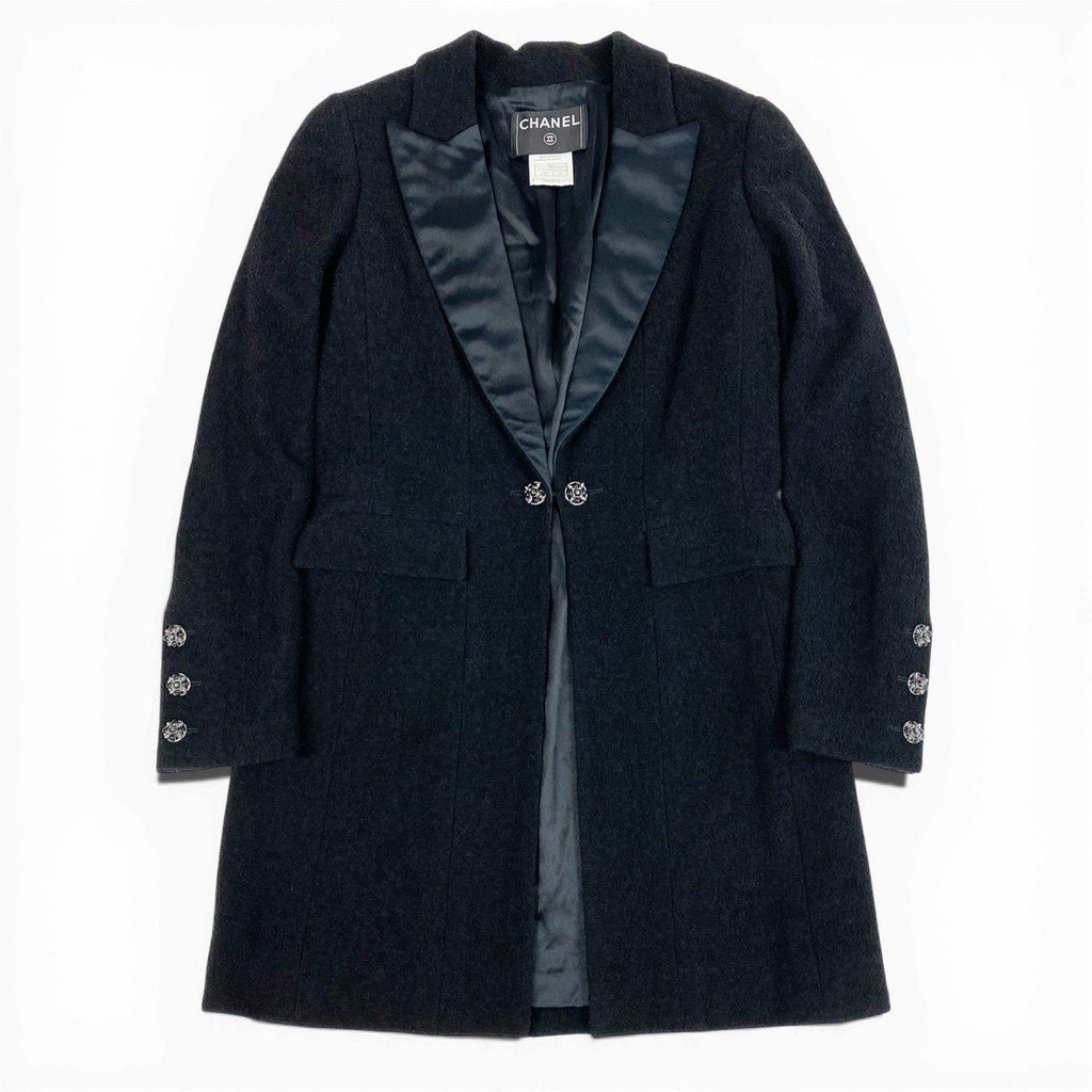 CHANEL 2006 Gripoix Button Waist-Shape Tweed Coat Black Size 36