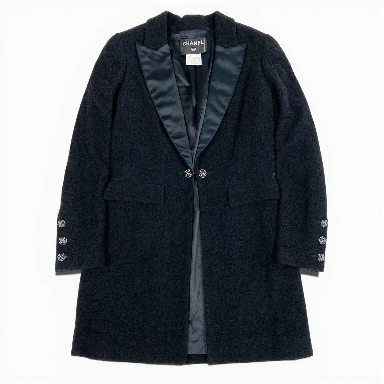 CHANEL 2006 Gripoix Button Waist-Shape Tweed Coat Black Size 36