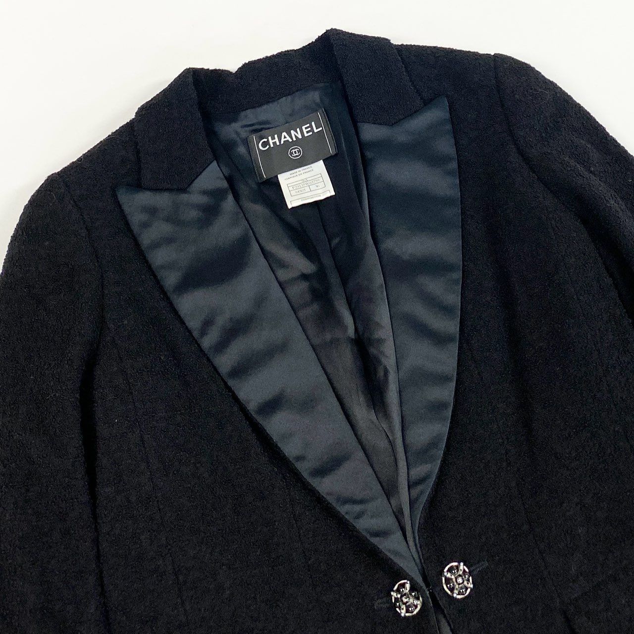 CHANEL 2006 Gripoix Button Waist-Shape Tweed Coat Black Size 36