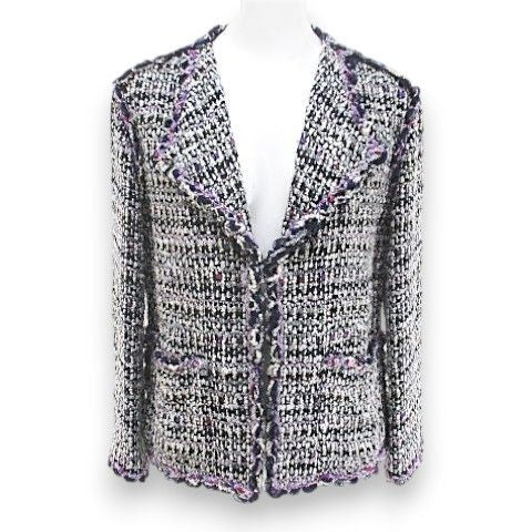 CHANEL Tweed Jacket CC Mark Silk Wool Purple Size 34 Made in France