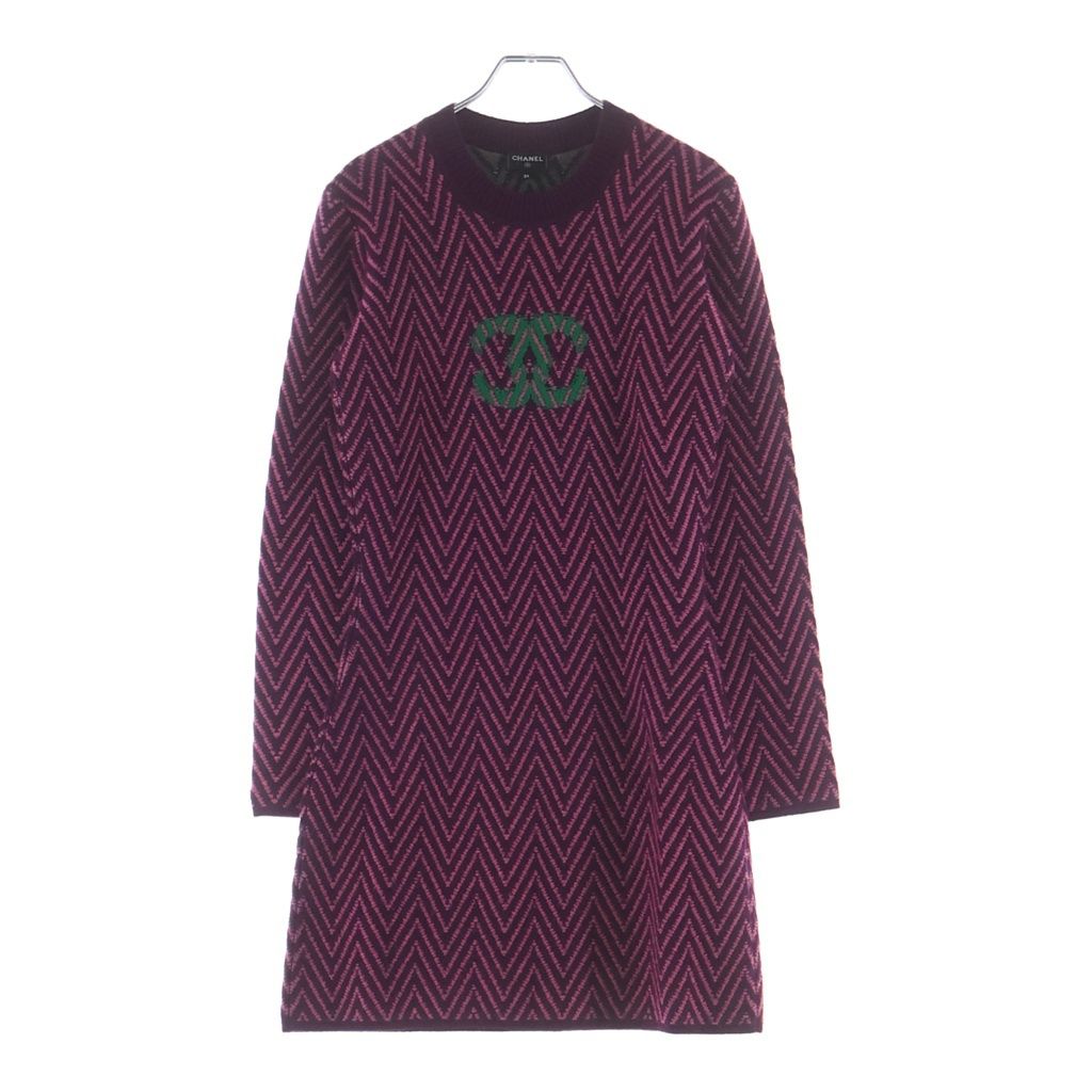 CHANEL P71619K10290 Coco Mark Herringbone Long Dress Purple x Pink Size 34