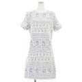 CHANEL P58577 Fancy Tweed Ribbon Yarn Lame COCO Mark Clear Button Short Sleeve Dress Blue Size 40