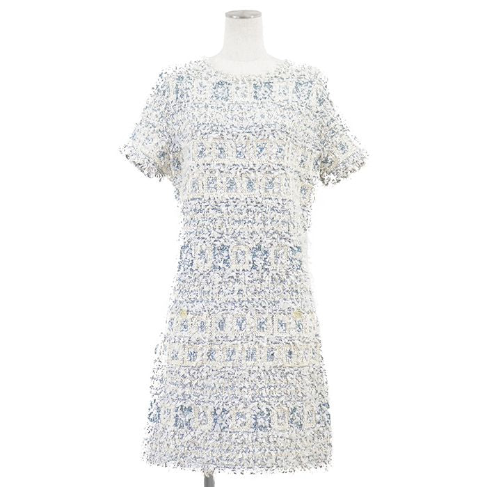 CHANEL P58577 Fancy Tweed Ribbon Yarn Lame COCO Mark Clear Button Short Sleeve Dress Blue Size 40