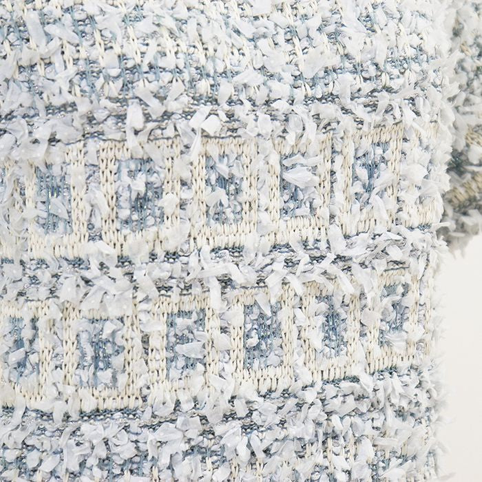 CHANEL P58577 Fancy Tweed Ribbon Yarn Lame COCO Mark Clear Button Short Sleeve Dress Blue Size 40