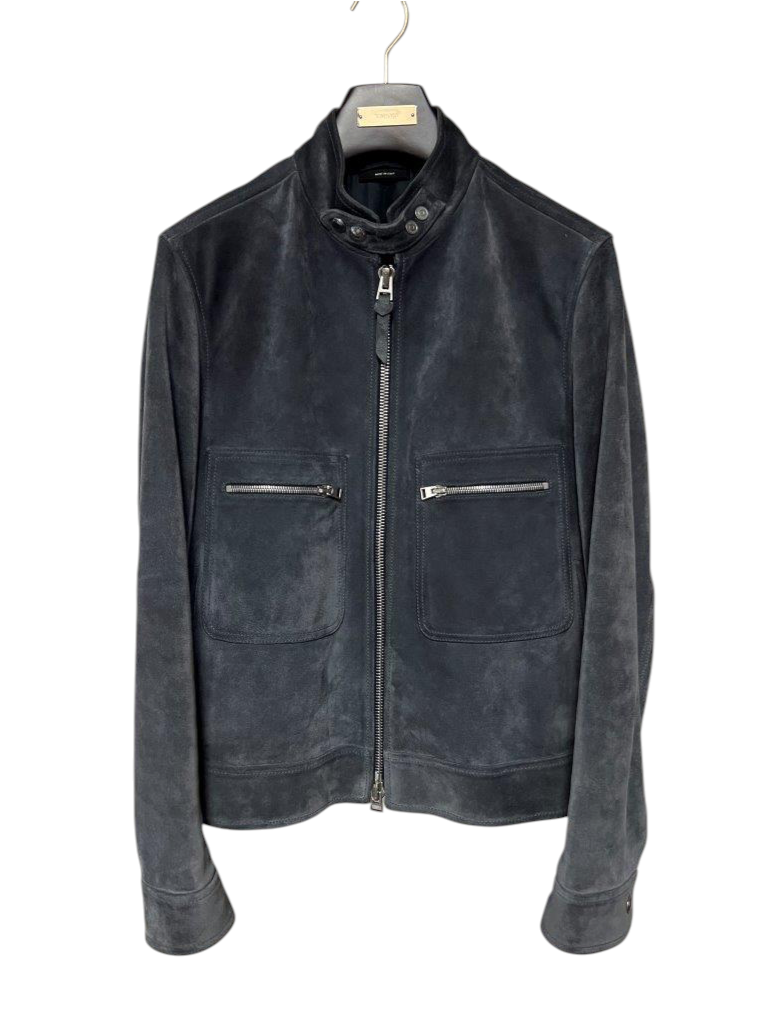 TOM FORD Cashmere Suede Leather Rider Jacket in Blue Gray, Size 48