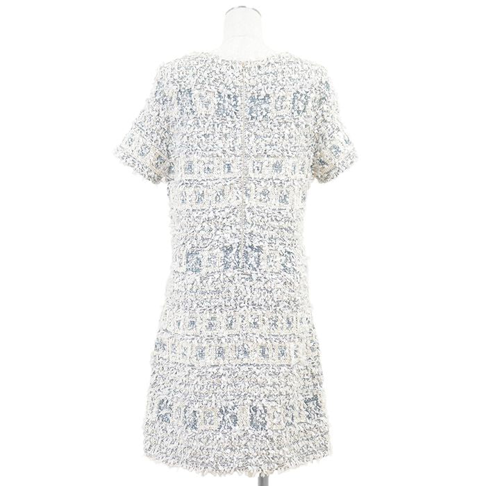 CHANEL P58577 Fancy Tweed Ribbon Yarn Lame COCO Mark Clear Button Short Sleeve Dress Blue Size 40