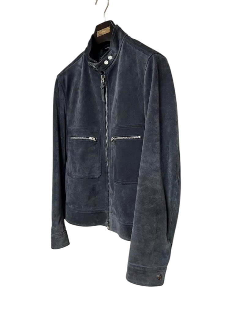 TOM FORD Cashmere Suede Leather Rider Jacket in Blue Gray, Size 48