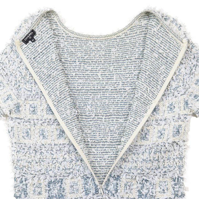 CHANEL P58577 Fancy Tweed Ribbon Yarn Lame COCO Mark Clear Button Short Sleeve Dress Blue Size 40