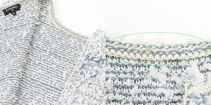 CHANEL P58577 Fancy Tweed Ribbon Yarn Lame COCO Mark Clear Button Short Sleeve Dress Blue Size 40