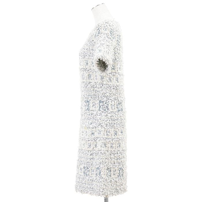 CHANEL P58577 Fancy Tweed Ribbon Yarn Lame COCO Mark Clear Button Short Sleeve Dress Blue Size 40