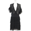 CHANEL 07P P30389 Rib Knit x Tulle Pleated Tiered Frill Wrap V-Neck Dress Black Size 42