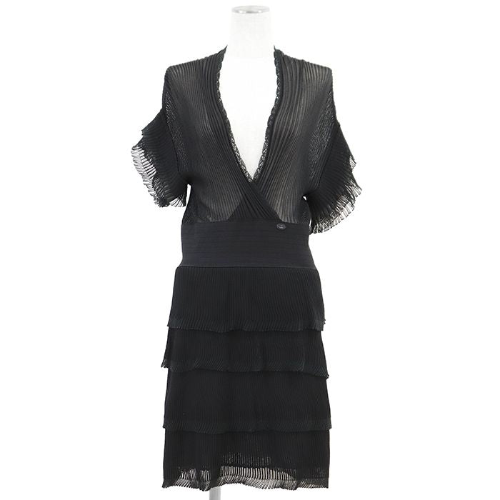 CHANEL 07P P30389 Rib Knit x Tulle Pleated Tiered Frill Wrap V-Neck Dress Black Size 42