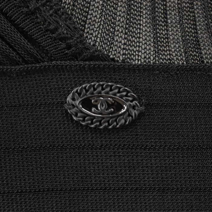 CHANEL 07P P30389 Rib Knit x Tulle Pleated Tiered Frill Wrap V-Neck Dress Black Size 42