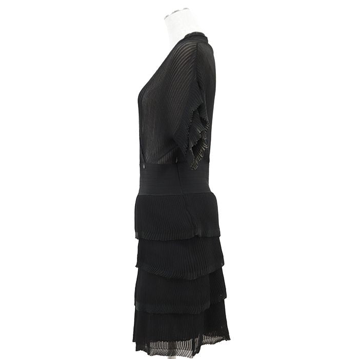 CHANEL 07P P30389 Rib Knit x Tulle Pleated Tiered Frill Wrap V-Neck Dress Black Size 42