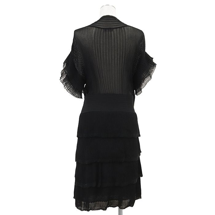 CHANEL 07P P30389 Rib Knit x Tulle Pleated Tiered Frill Wrap V-Neck Dress Black Size 42