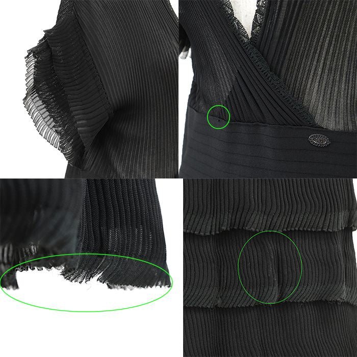 CHANEL 07P P30389 Rib Knit x Tulle Pleated Tiered Frill Wrap V-Neck Dress Black Size 42