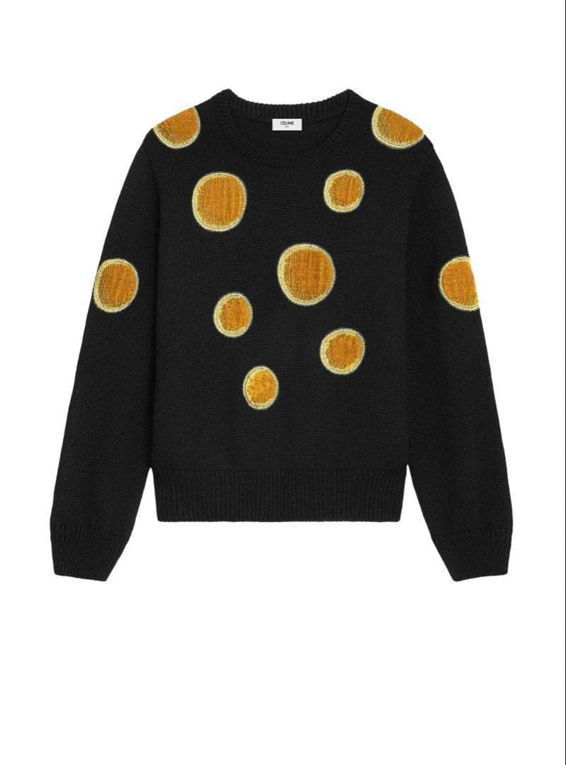 NWT 23AW CELINE Black Crew Neck Knit Sweater - Velvet Inserts, Wool Men M