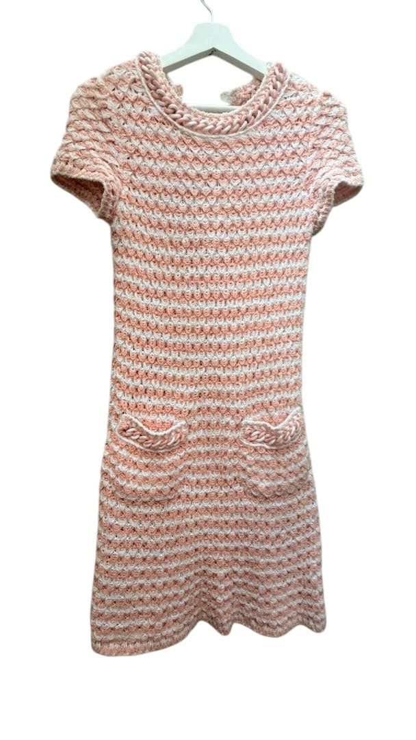 CHANEL Knit Dress Chain Detail Pink x White Size 38