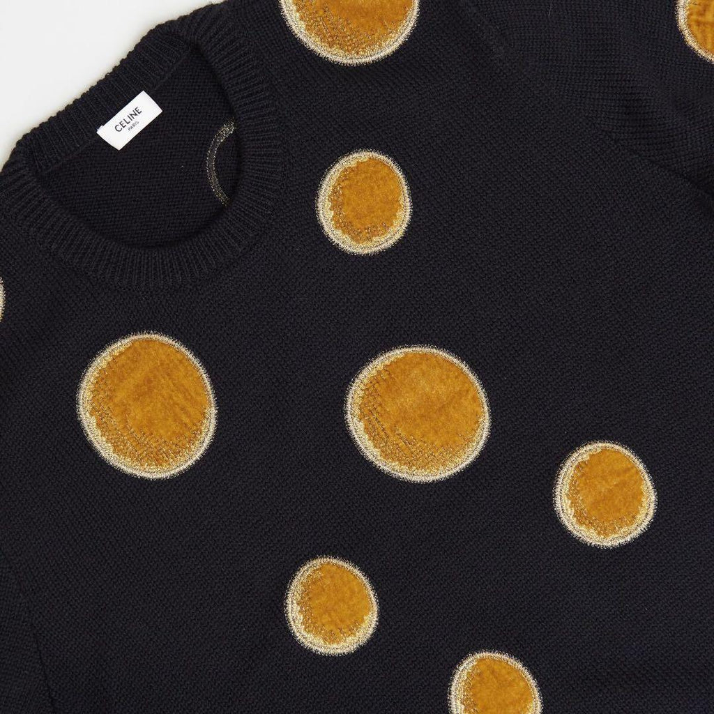 NWT 23AW CELINE Black Crew Neck Knit Sweater - Velvet Inserts, Wool Men M