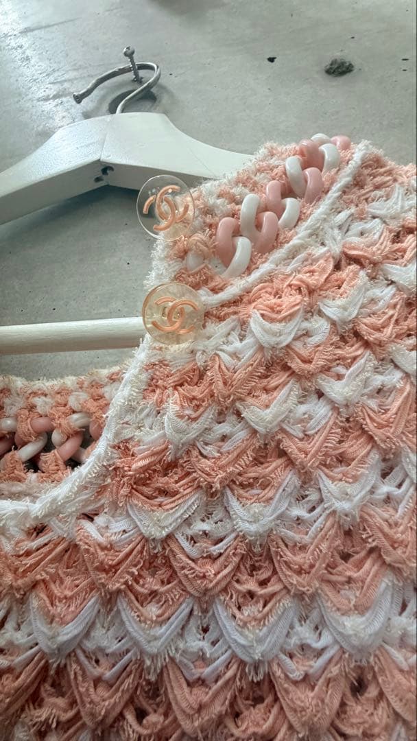 CHANEL Knit Dress Chain Detail Pink x White Size 38