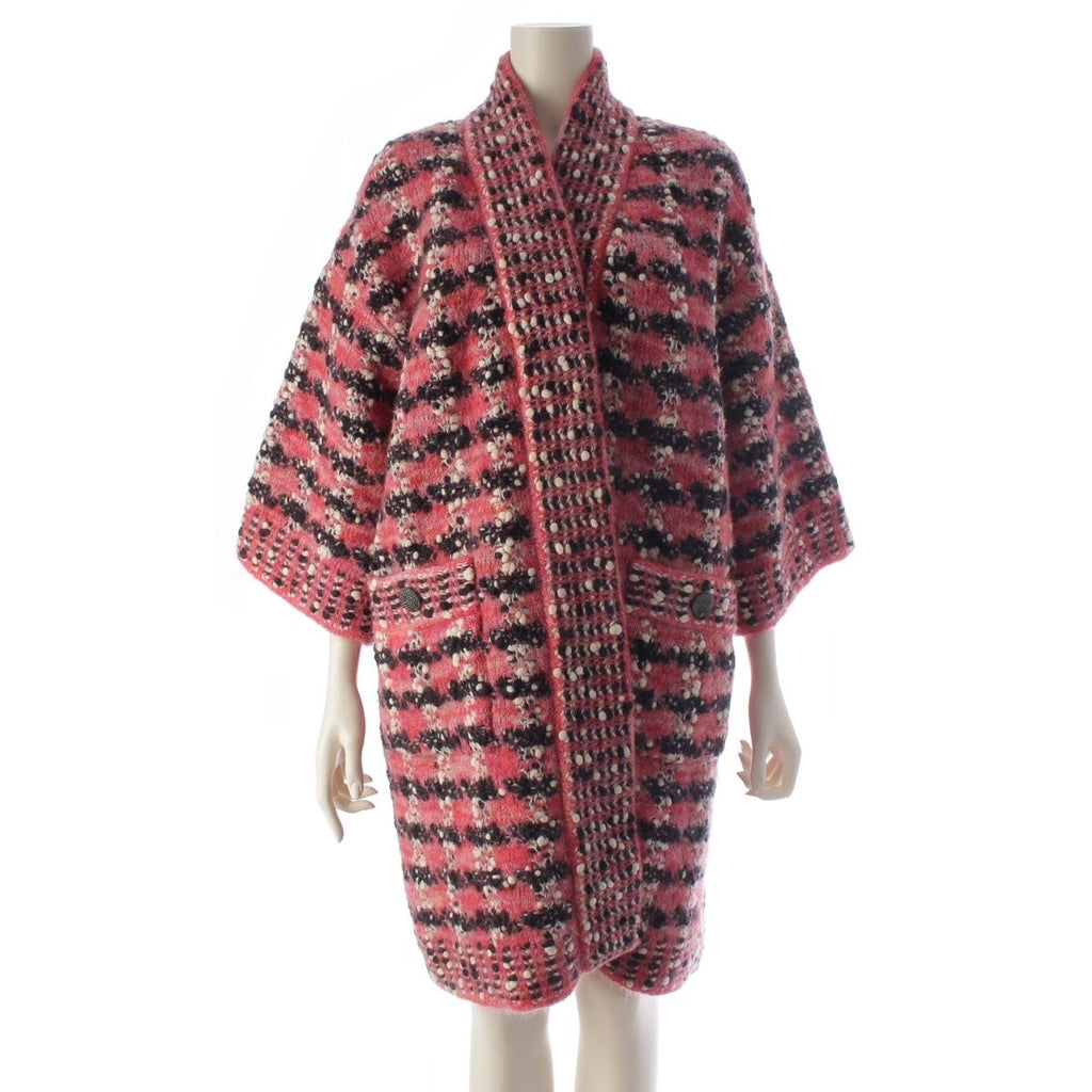CHANEL P52524 Wool Mohair Nylon Tweed Knit Long Coat Pink Size 38