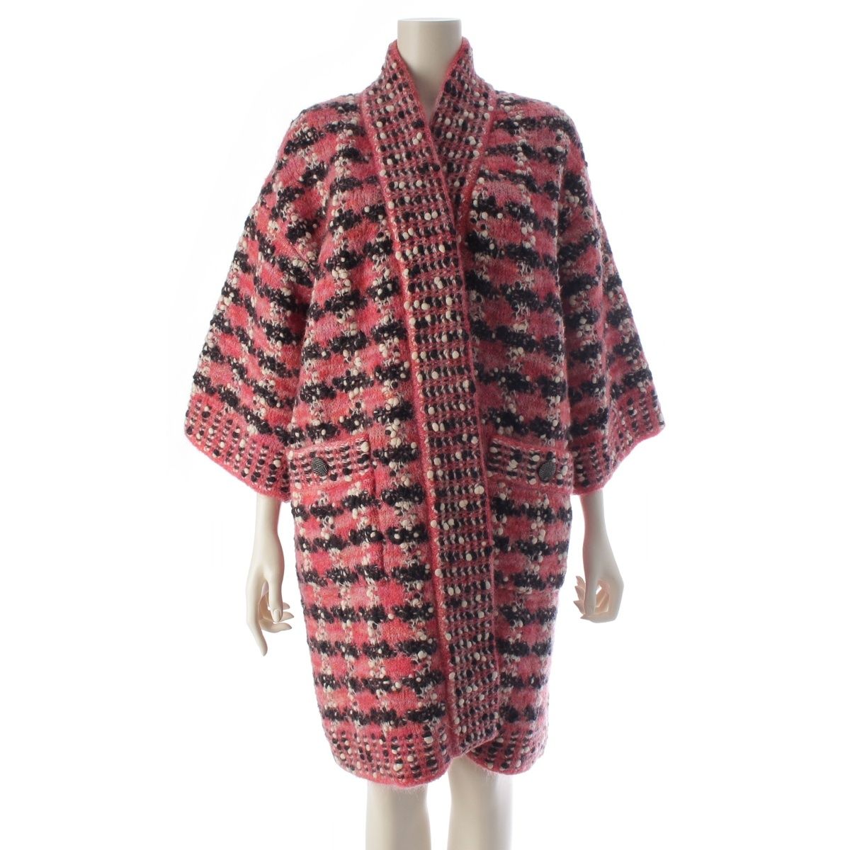 CHANEL P52524 Wool Mohair Nylon Tweed Knit Long Coat Pink Size 38