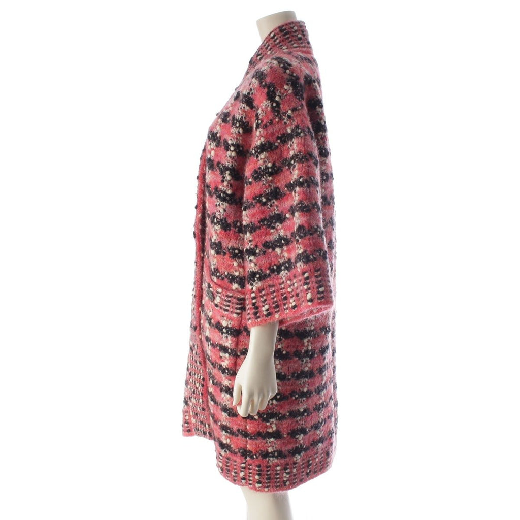 CHANEL P52524 Wool Mohair Nylon Tweed Knit Long Coat Pink Size 38