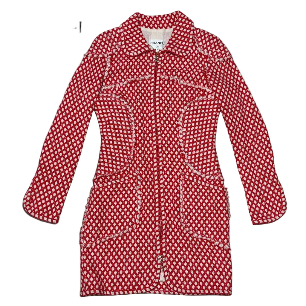 CHANEL Coco Mark Tweed Fringe Zip Jacket Size 38