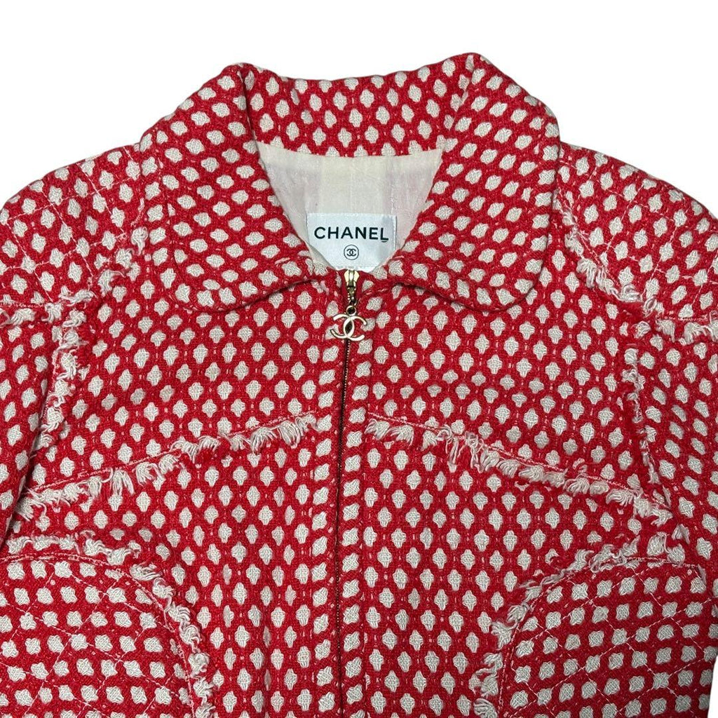CHANEL Coco Mark Tweed Fringe Zip Jacket Size 38
