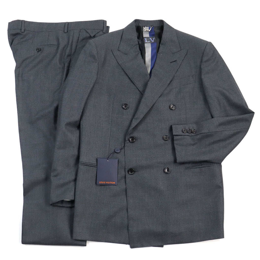 NWT LOUIS VUITTON HGCF7W Silk Blend LV Logo Embroidery Peaked Lapel Double Breasted Suit Setup Grey Size 50