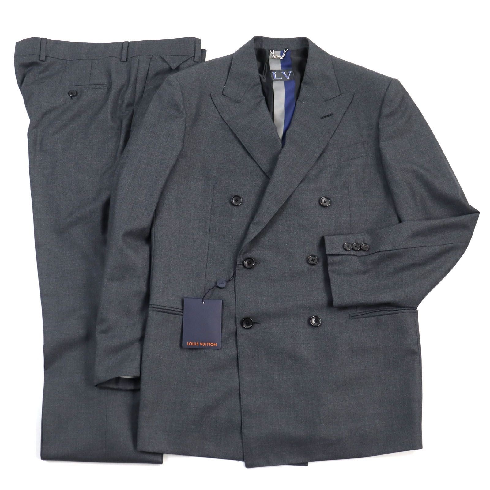 Louis Vuitton Silk Blend LV Logo Embroidery Double Breasted Jacket Pants Suit Grey Size 50
