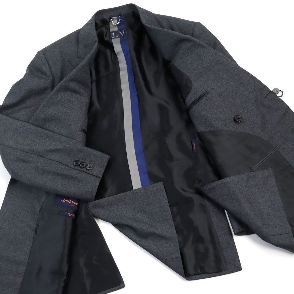Louis Vuitton Silk Blend LV Logo Embroidery Double Breasted Jacket Pants Suit Grey Size 50