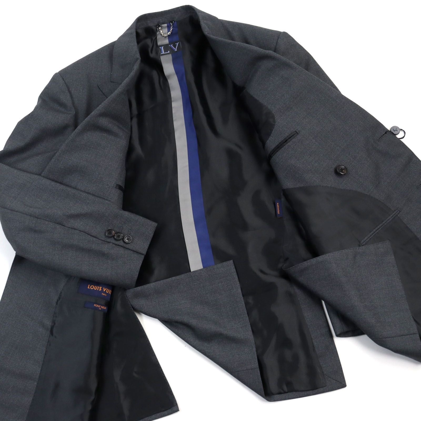Louis Vuitton Silk Blend LV Logo Embroidery Double Breasted Jacket Pants Suit Grey Size 50