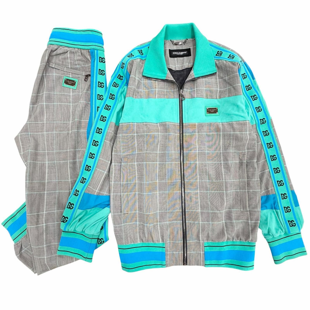 DOLCE & GABBANA Black Tag Check Leather Patch Blouson & Pants Setup Grey Blue Size 46