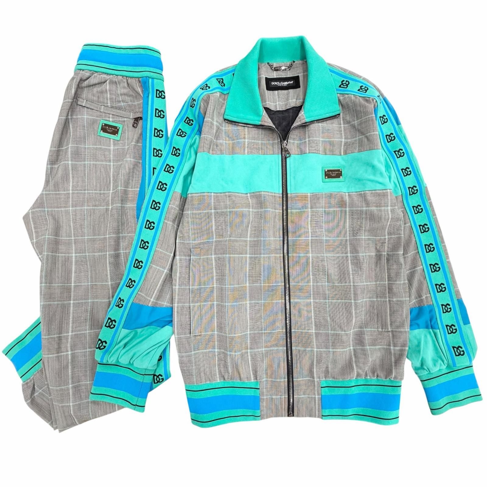 DOLCE & GABBANA Black Tag Check Leather Patch Blouson & Pants Setup Grey Blue Size 46