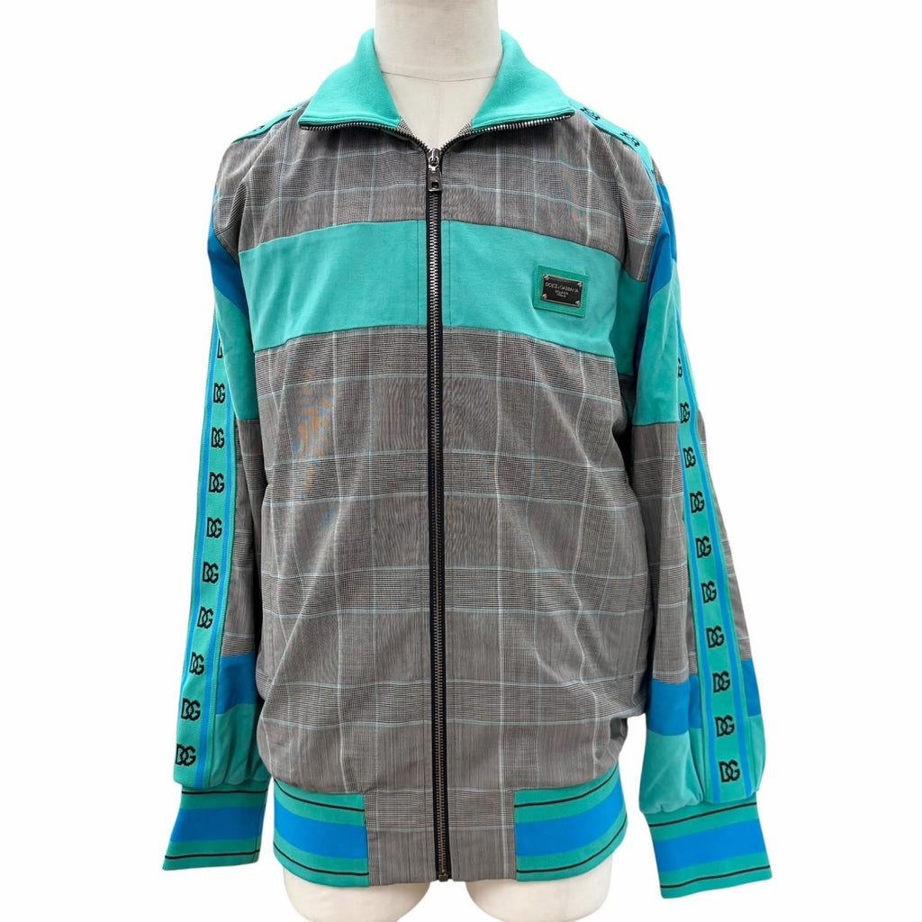 DOLCE & GABBANA Black Tag Check Leather Patch Blouson & Pants Setup Grey Blue Size 46