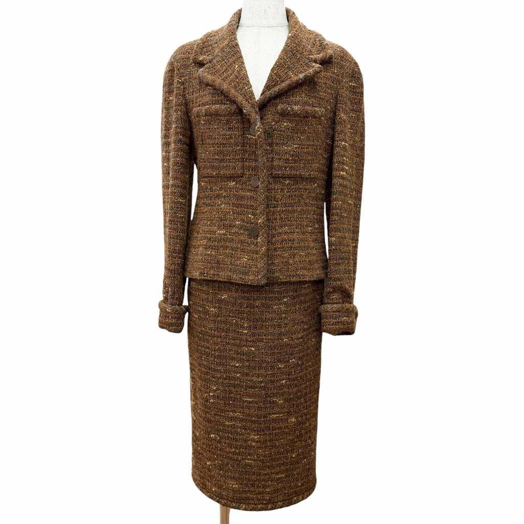 CHANEL Vintage P12140 98A Wool Tweed Coco Mark Button Skirt Suit Setup Brown Size 38/36