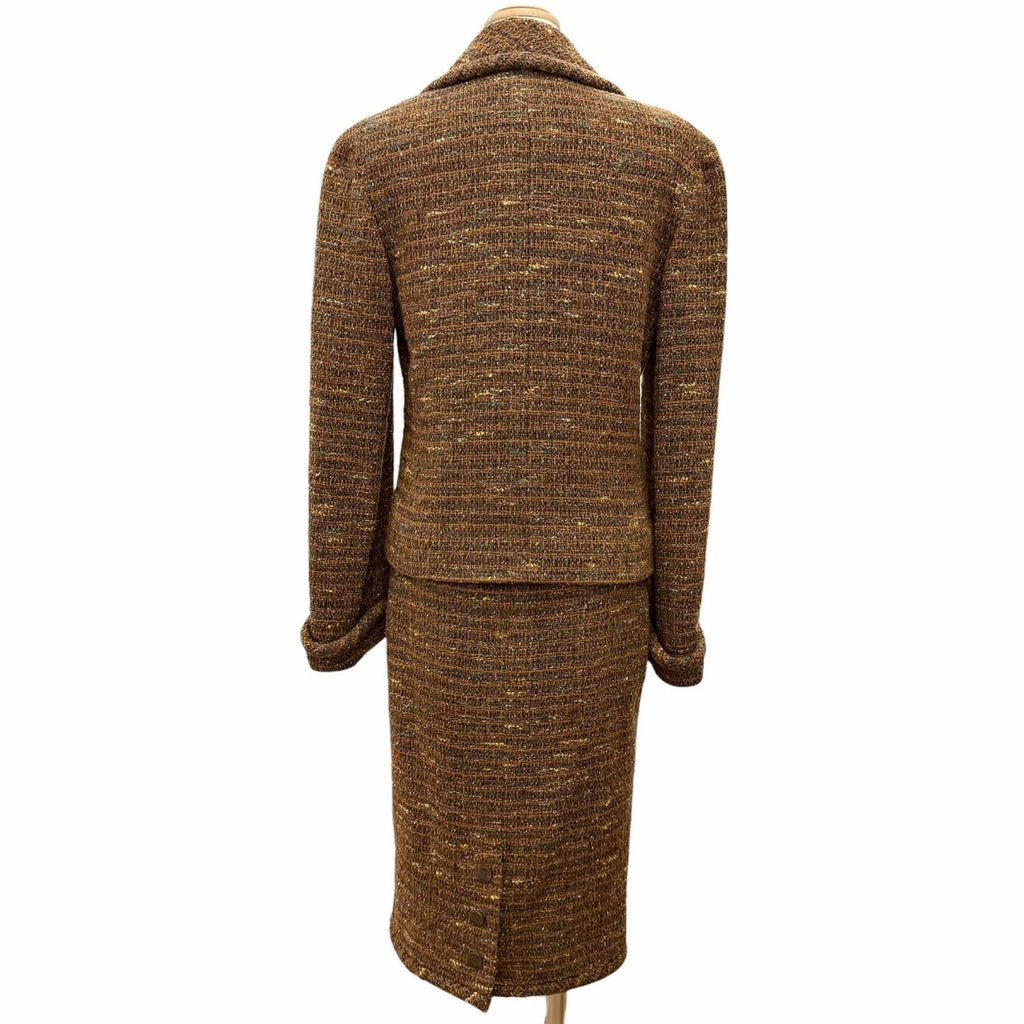 CHANEL Vintage P12140 98A Wool Tweed Coco Mark Button Skirt Suit Setup Brown Size 38/36