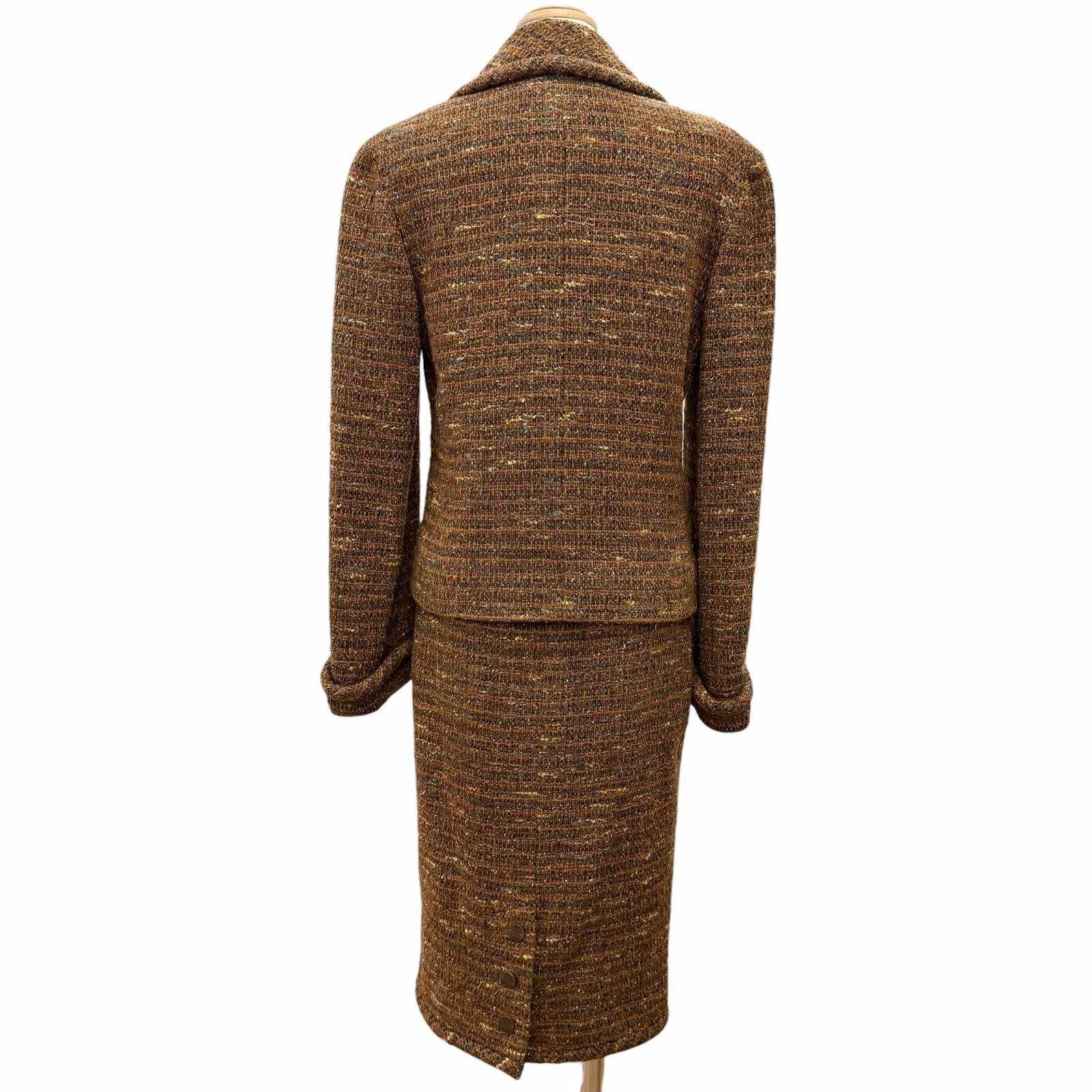 CHANEL Vintage P12140 98A Wool Tweed Coco Mark Button Skirt Suit Setup Brown Size 38/36