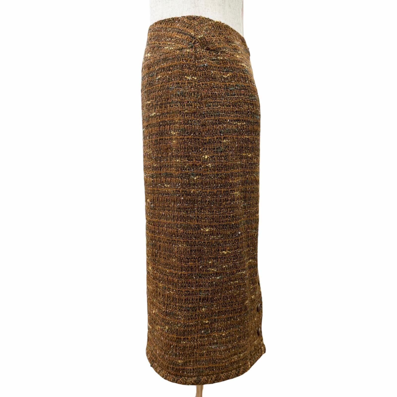 CHANEL Vintage P12140 98A Wool Tweed Coco Mark Button Skirt Suit Setup Brown Size 38/36